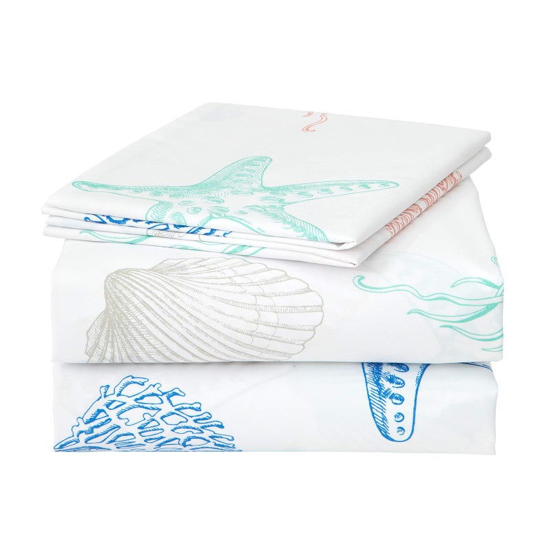 JSD Beach Theme Kids Printed Sheet Set Full, 4 Piece Starfish Jellyfish Coastal Summer Microfiber Bed Sheets Deep Pocket - Image 1